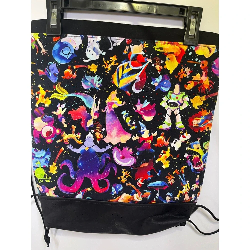 Handmade Character Watercolor Drawstring Backpack Black Cork Base Zipper Pocket